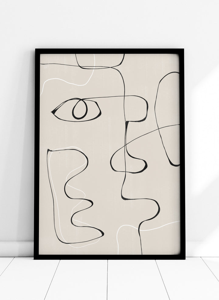 Abstract line art of a face on a beige background. Abstract Facescape by The MIUUS Studio is a minimalist abstract line art print and wall poster featuring continuous line drawing, modern face illustration, and neutral tones.