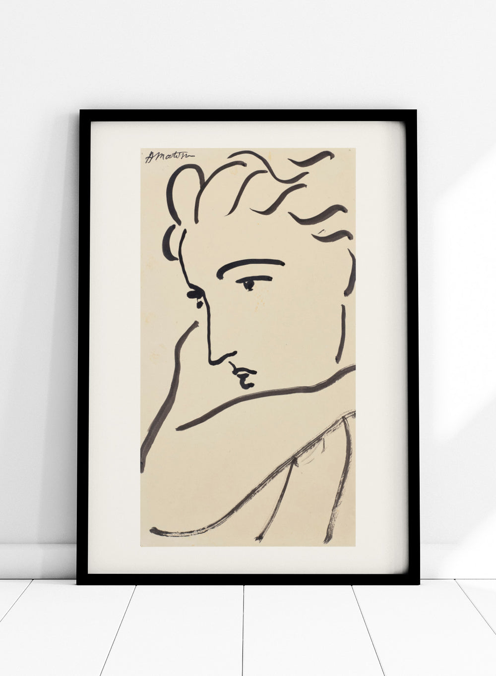 Artistic line drawing of a profiled face on beige paper. Profil de femme by Henri Matisse is a minimalist portrait art print featuring expressive black linework, modern French design, and elegant abstract simplicity.