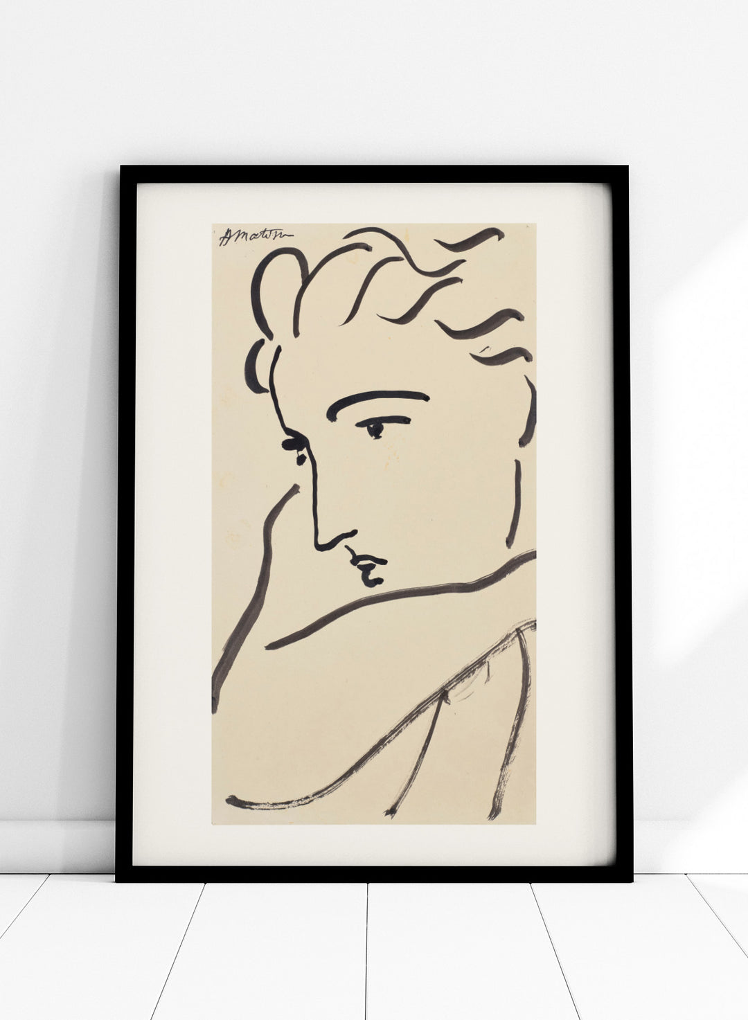 Artistic line drawing of a profiled face on beige paper. Profil de femme by Henri Matisse is a minimalist portrait art print featuring expressive black linework, modern French design, and elegant abstract simplicity.