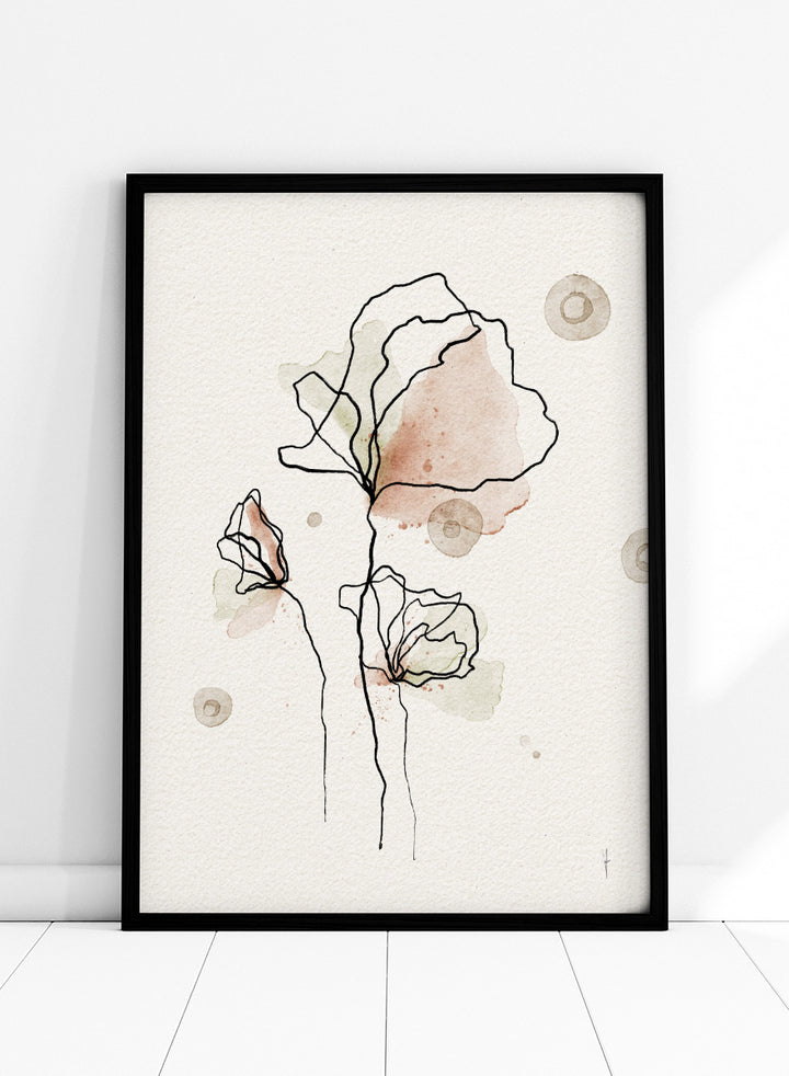 Shop Abstract Watercolor Flowers by Ankie Kooi, a floral wall art print poster with blush pink blooms, black linework, pale green washes, and soft botanical detail.