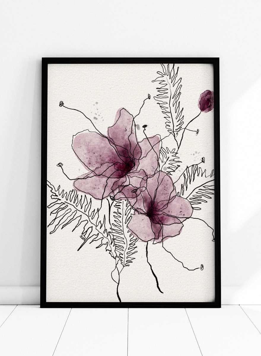 Abstract floral art print featuring two translucent mauve-purple watercolor flower shapes with black line-drawn stems and fern-like leaves on a textured off-white background. Shop Delicate Botanical Outline by Ankie Kooi, a floral wall art print poster with purple watercolor flowers, botanical line art, fern leaves, and cream tones.