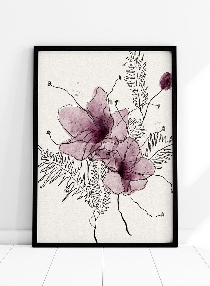 Abstract floral art print featuring two translucent mauve-purple watercolor flower shapes with black line-drawn stems and fern-like leaves on a textured off-white background. Shop Delicate Botanical Outline by Ankie Kooi, a floral wall art print poster with purple watercolor flowers, botanical line art, fern leaves, and cream tones.