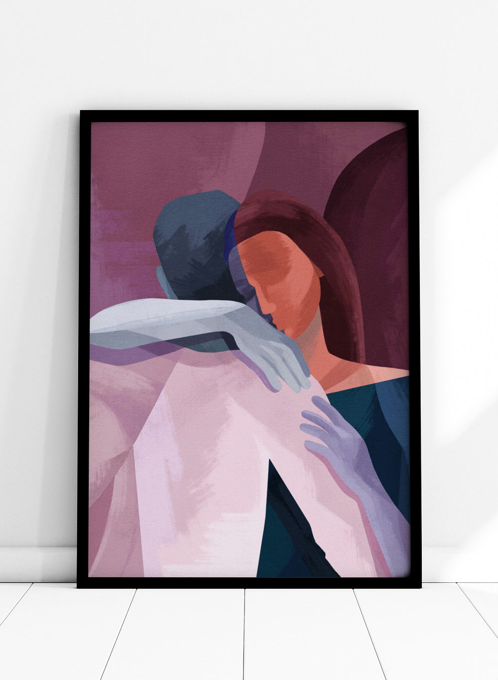 Artistic illustration of two people embracing with abstract background. In This Together by Goed Blauw is a modern abstract figure art print and wall poster featuring two people in an intimate embrace with layered soft colors.