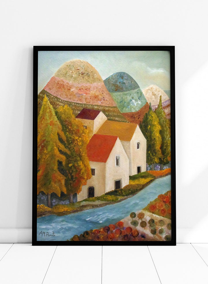 Shop Autumn Village River by Angeles M. Pomata, an autumn landscape art print featuring a blue river, white village houses, colorful trees, and rolling hills.