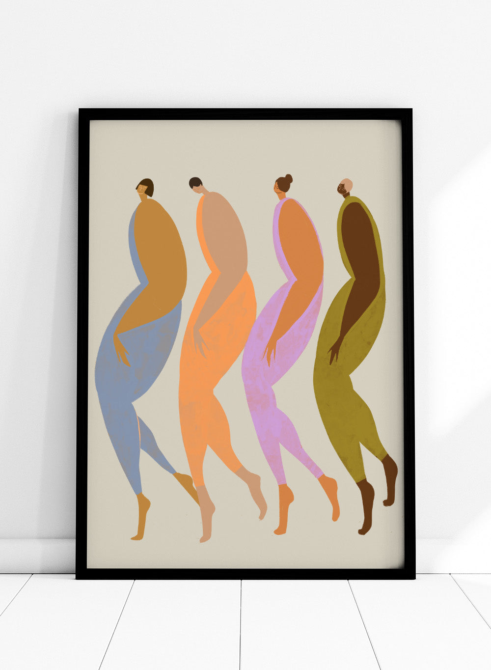 Abstract illustration of four stylized figures in various colors on a beige background. We The Giants by Arty Guava is a modern art print of four bold figures walking together, celebrating strength and sisterhood. Officially licensed wall poster.