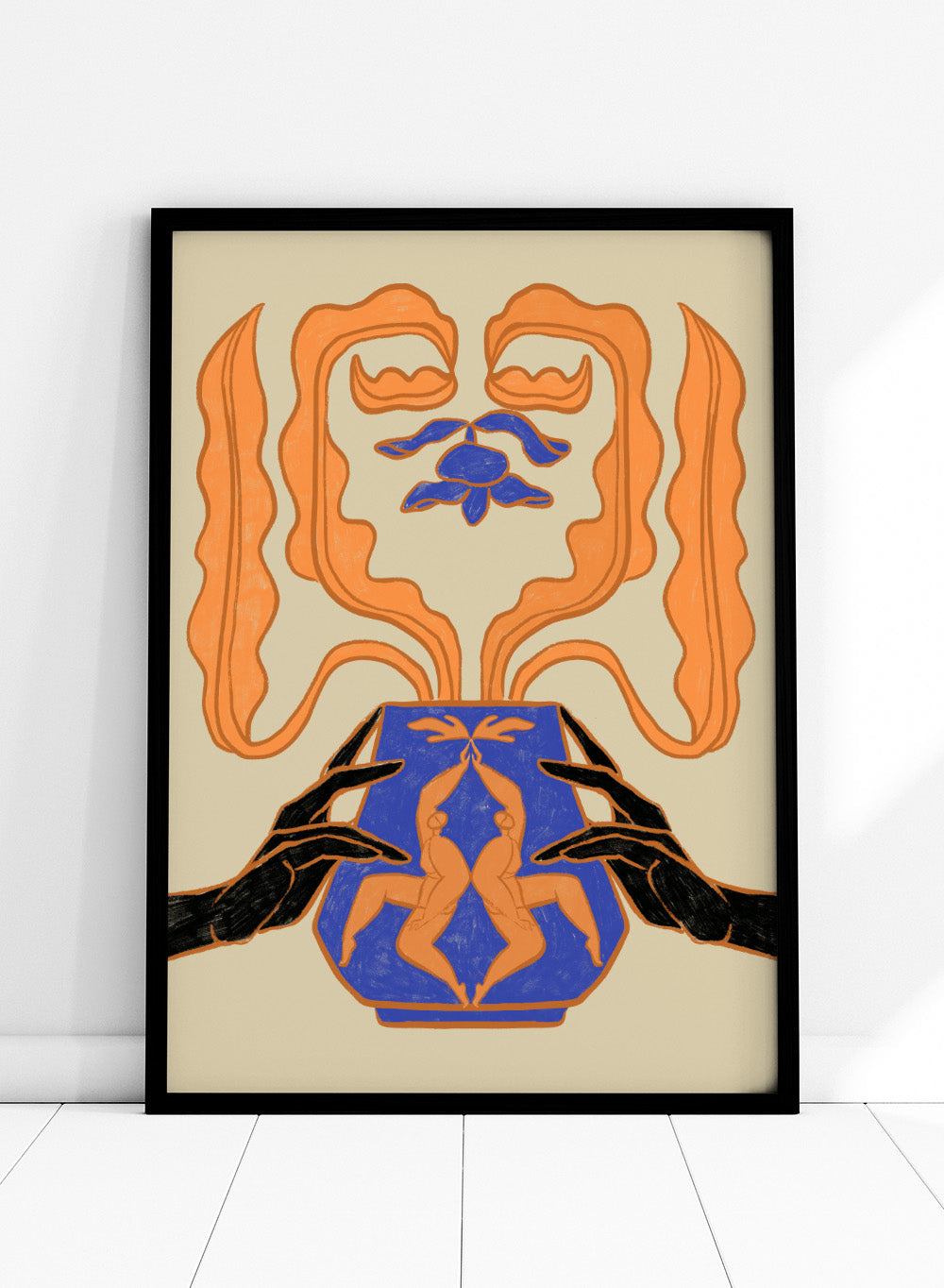 Decorative design with hands holding a vase featuring abstract floral patterns on a beige background. Vessel Collection: New Beginnings by Arty Guava art print, modern vase wall poster with mirrored figures, contemporary blue orange minimalist illustration.
