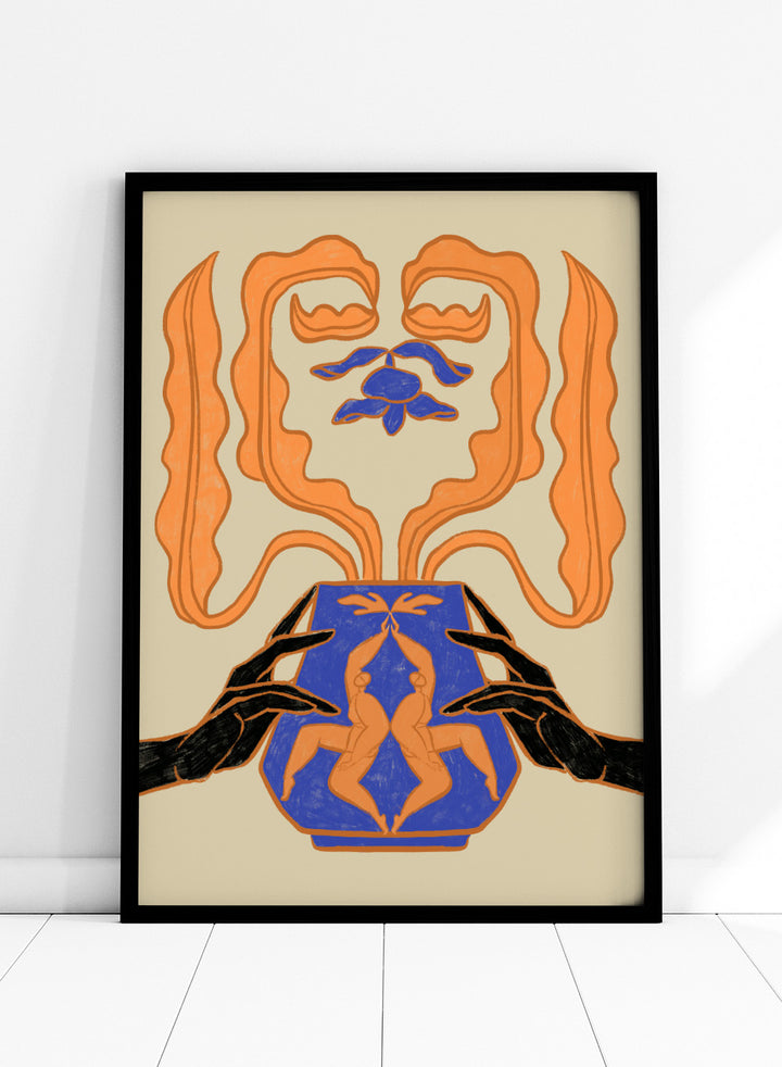 Decorative design with hands holding a vase featuring abstract floral patterns on a beige background. Vessel Collection: New Beginnings by Arty Guava art print, modern vase wall poster with mirrored figures, contemporary blue orange minimalist illustration.