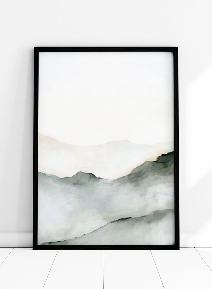 Minimalist watercolor landscape art print featuring soft gray and black inked mountain silhouettes against a clean white background. Shop Ridge by Dan Hobday, a contemporary mountain landscape wall art print featuring soft ridgelines, misty depth, muted green, gray, and cream tones.