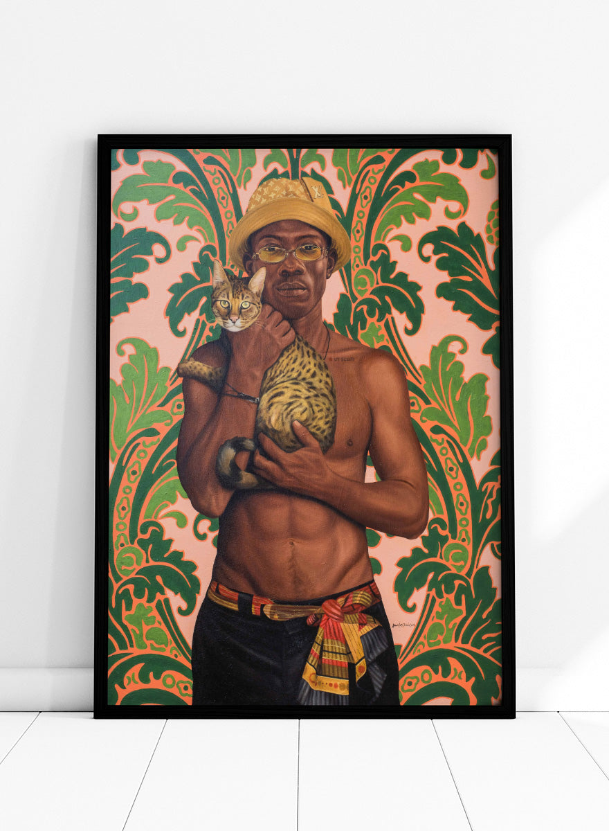 Shop Confident Man With Cat by Damilare Jamiu, a contemporary portrait art print featuring a stylish man, spotted cat, patterned details, and green and coral tones.