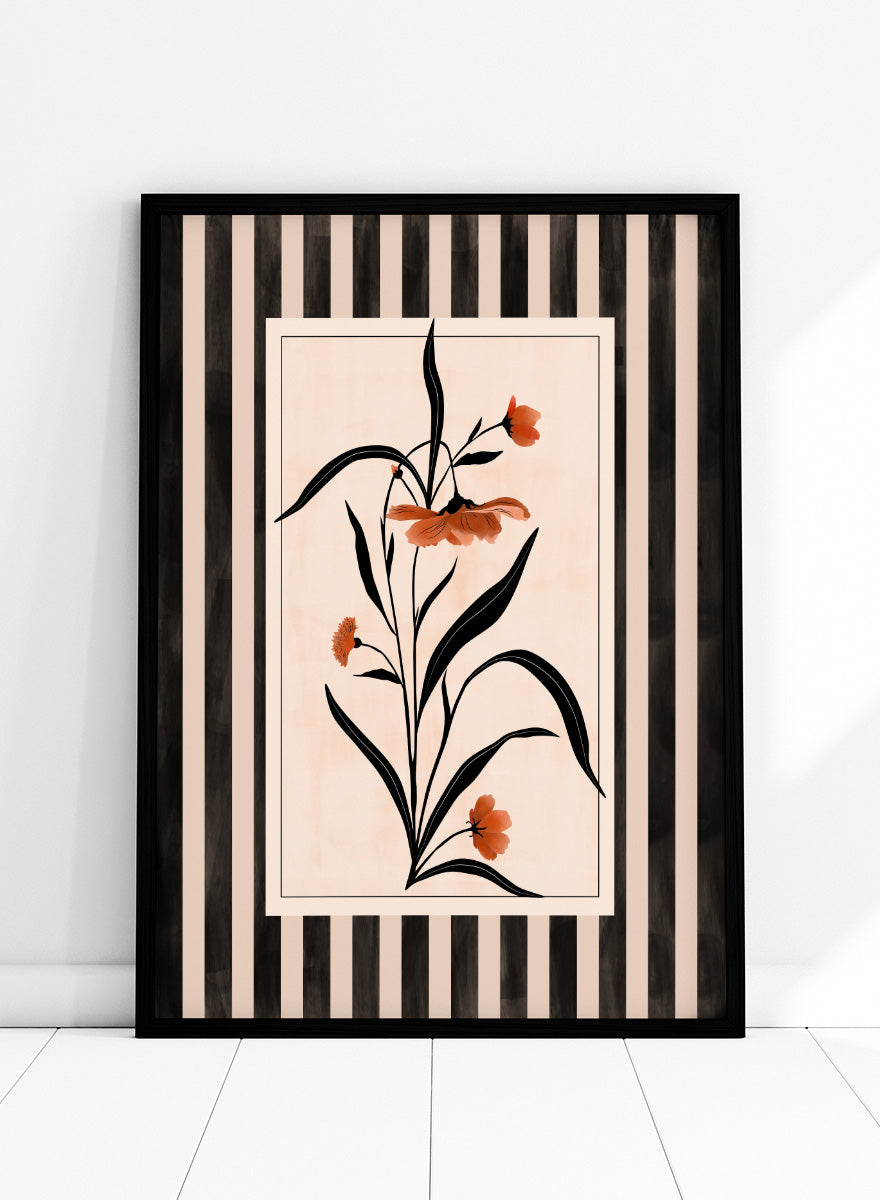 Shop Terracotta Floral Stripes by Elena Ristova, a modern floral wall art print poster featuring terracotta flowers, black leaves, and bold striped borders.