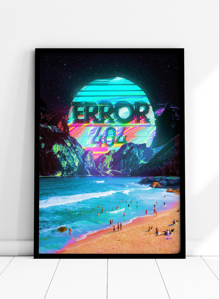 Beach scene with a futuristic 'ERROR 404' sign in the sky. Vaporwave Error Beach by Nicebleed is a surreal glitch beach art print featuring neon error graphics and a distorted sun, modern aesthetic wall poster.