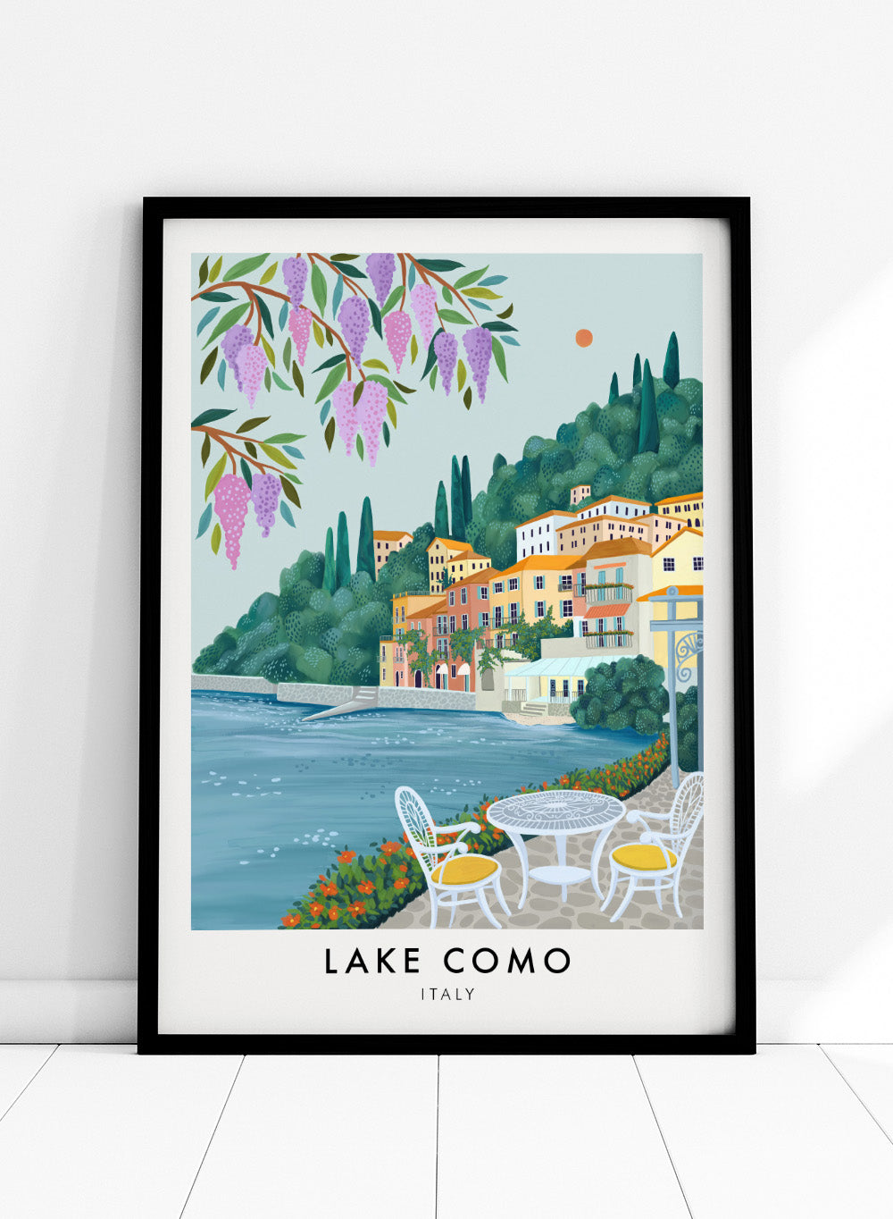 Lake Como Italy Colorful Coastal Town Scenic Villa Lake Travel City Art Print | Flowers Landscape Illustration, Europe Travel Poster