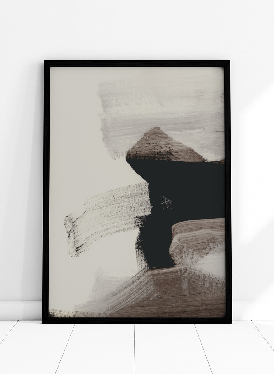 Shop Mellow No. 01 by Dan Hobday, a contemporary abstract art print featuring bold black forms, soft neutral brushwork, and layered earthy texture.