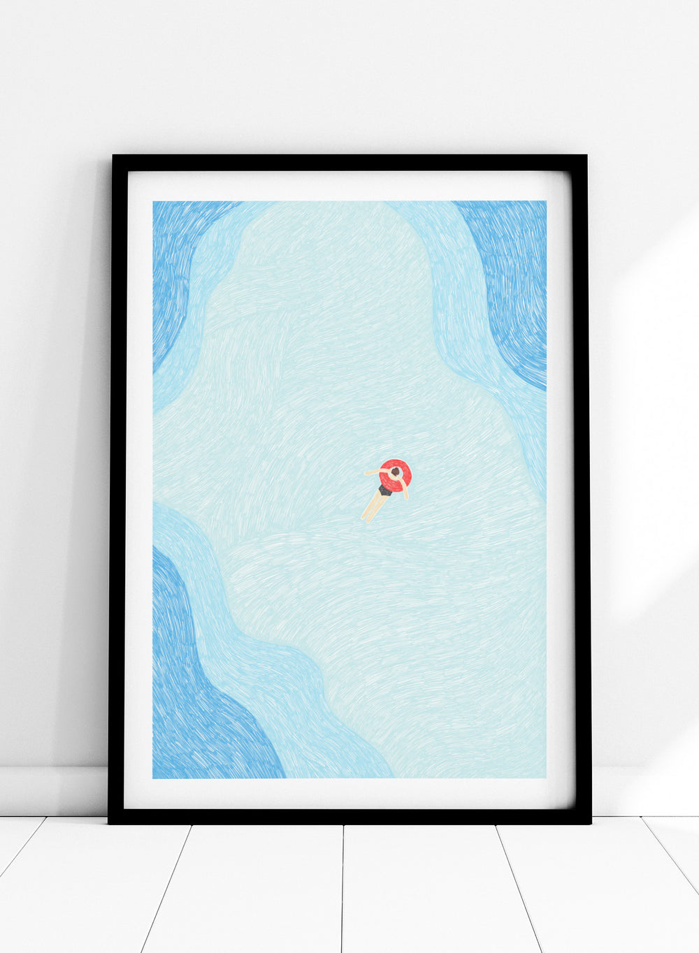 Calm Summer Swim by Rio Soléy is a minimalist coastal art print featuring a lone swimmer, soft blue water, playful illustration, and relaxed summer vibes.