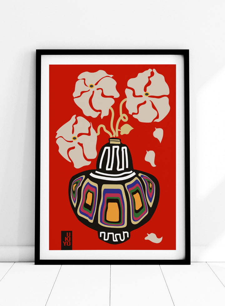 Decorative vase with colorful patterns on a red background. Ukiyo Vase Flower Rainbow Red by Frances Collett art print featuring a colorful patterned vase with cream flowers on a red background. Officially licensed wall poster with optional framing.