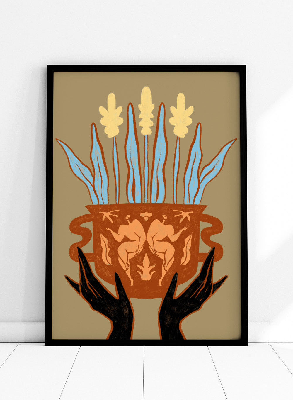 Decorative illustration of a vase with floral design and hands holding it, on a beige background. Vessel Collection: Growth by Arty Guava art print, modern vase wall poster with botanical illustration, contemporary minimalist line artwork.