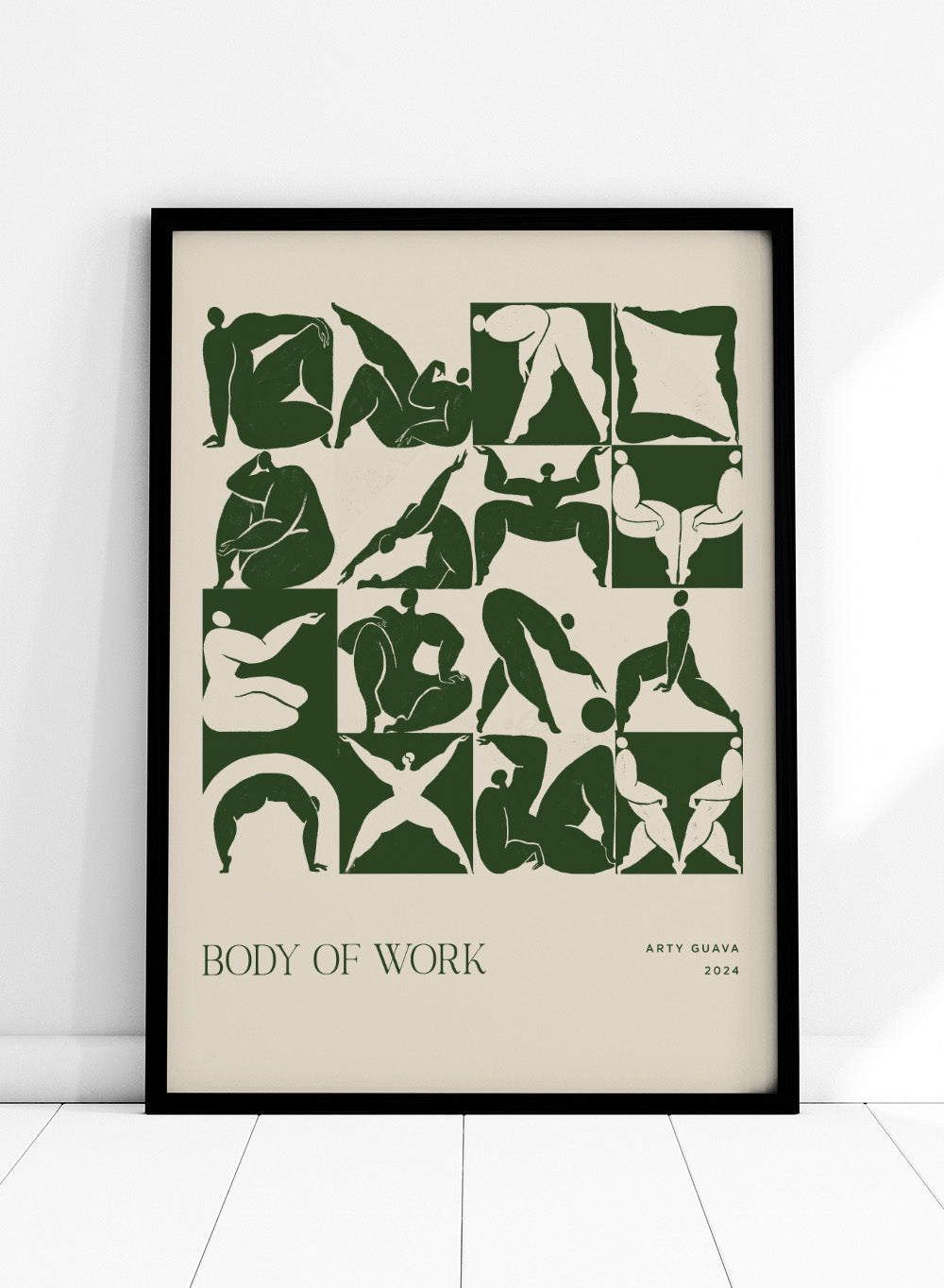 Artistic depiction of various poses with 'Body of Work' and 'Arty Guava 2024' text. Body of Work (Forest) by Arty Guava is a modern figure art print with green silhouettes in motion. Officially licensed wall poster with framing.