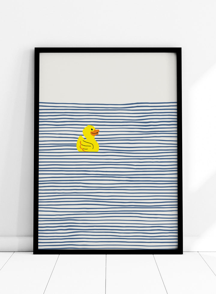 Yellow Duck Afloat art print by Little Dean. Playful duck illustration with blue ocean stripes, modern minimalist wall art, contemporary poster design.