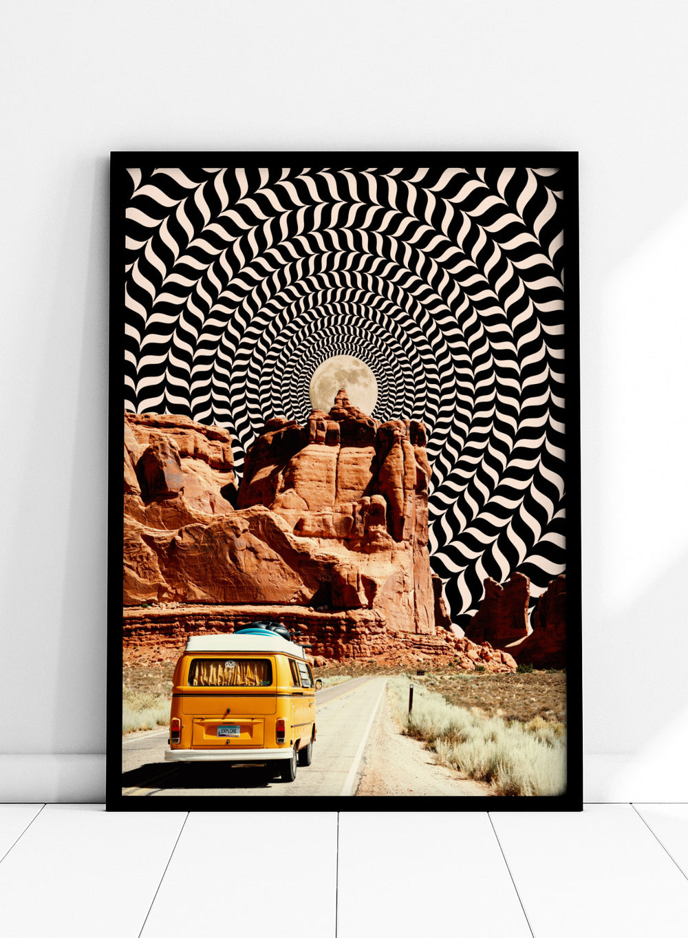Van on a road with a surreal landscape and optical illusion pattern. The Real Road Trip by Taudalpoi surreal desert road trip art print with vintage van, red rock canyon and hypnotic cosmic sky, retro sci fi poster wall art.