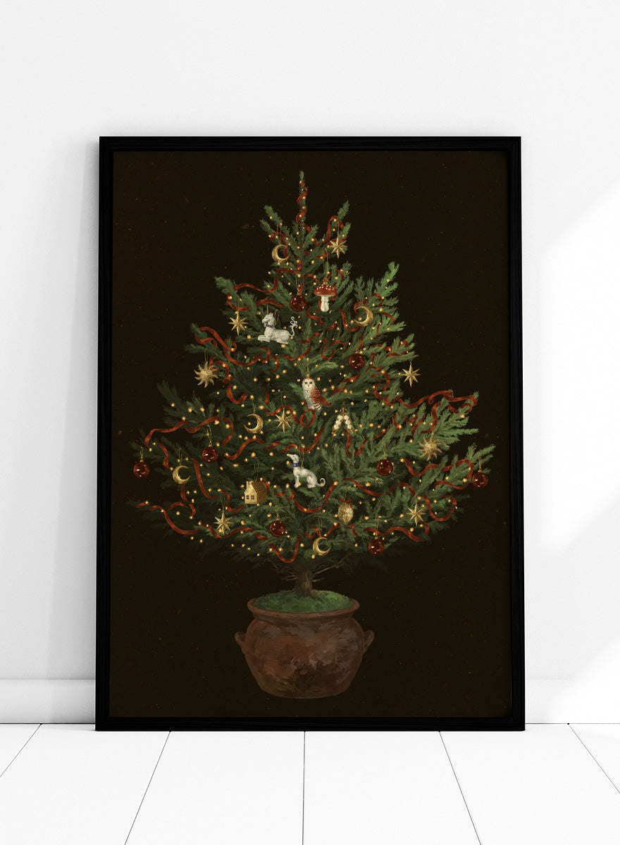 Shop Whimsical Christmas Tree by NKTN, a festive Christmas wall art print poster featuring a decorated tree, woodland ornaments, stars, ribbons, and glowing lights.