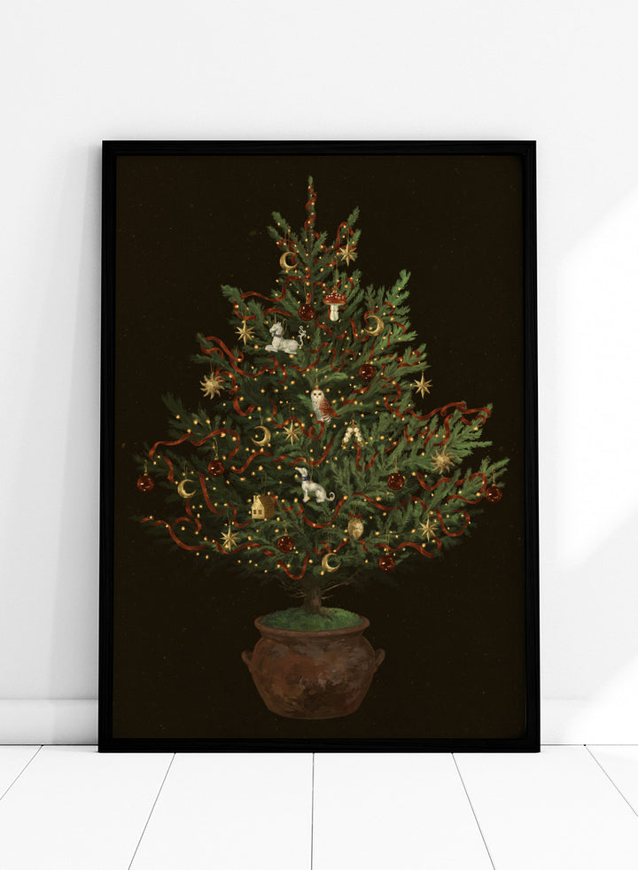 Shop Whimsical Christmas Tree by NKTN, a festive Christmas wall art print poster featuring a decorated tree, woodland ornaments, stars, ribbons, and glowing lights.