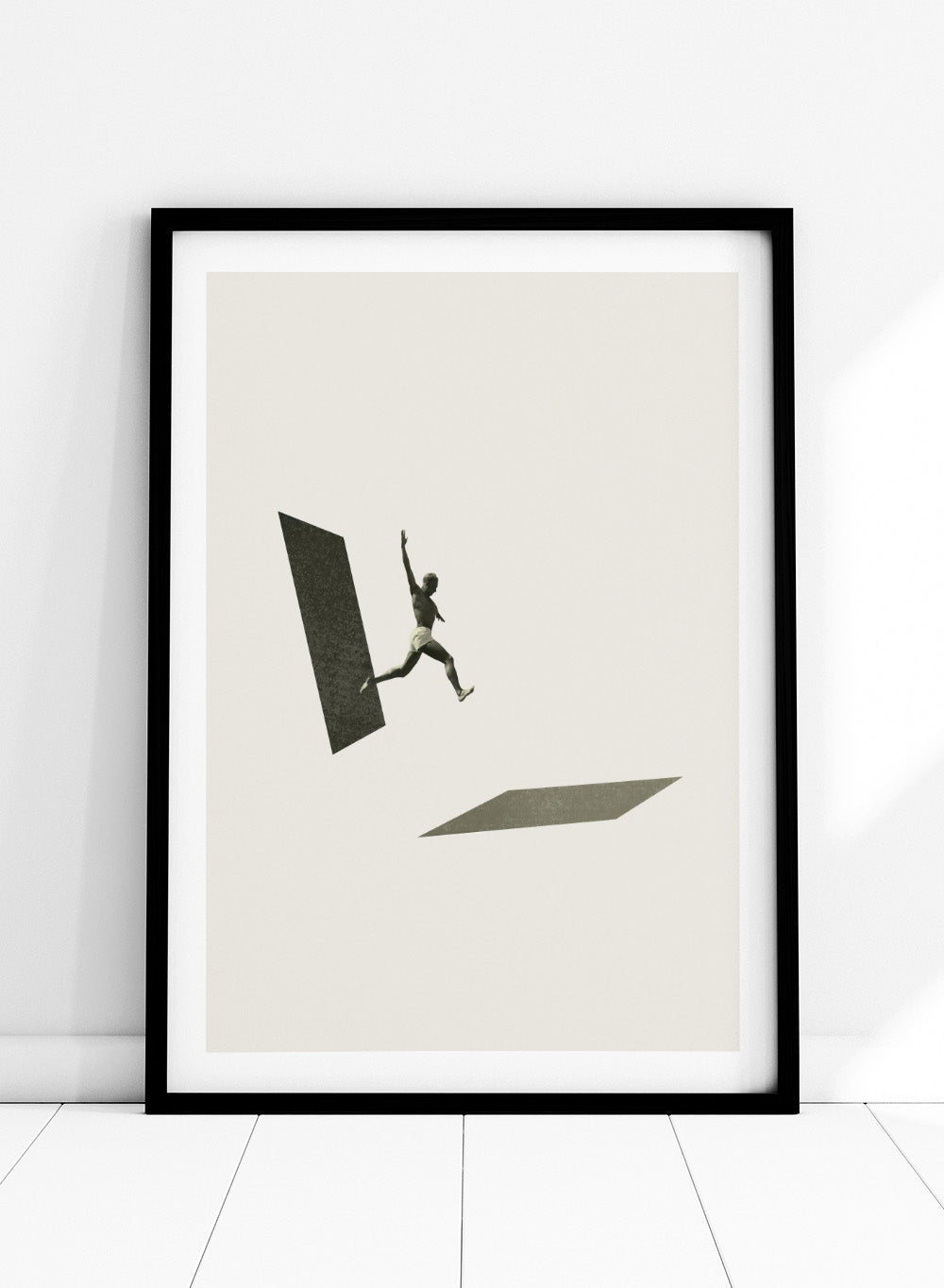 Not the One to Wait by Maarten Léon collage art print showing a figure jumping between platforms. Premium fine art print with real wood framing.