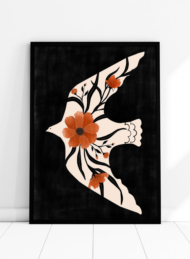 Shop Poppy Birds in Flight by Elena Ristova, a modern bird wall art print poster featuring a cream dove filled with terracotta poppies on a black background.