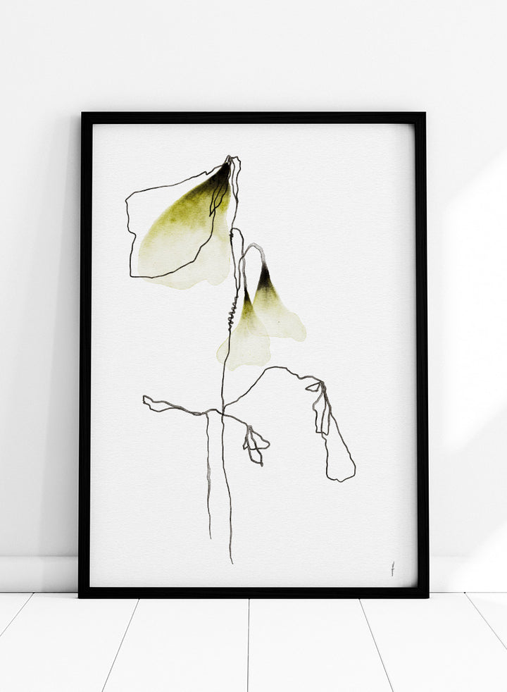 Shop Delicate Olive Blooms by Ankie Kooi, a botanical wall art print poster with abstract floral line art, watercolor flowers, green, cream, and black.