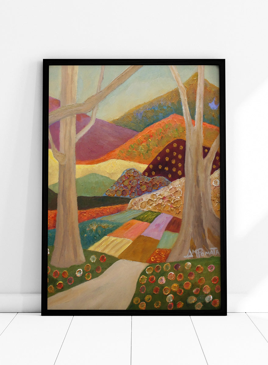 A colorful landscape painting featuring stylized trees, a winding path, patchwork fields, and rolling hills in warm and cool tones, with a visible artist signature in the lower right. Shop Colorful Field Path by Angeles M. Pomata, an autumn landscape art print featuring a winding path, textured fields, flowers, and rolling countryside.