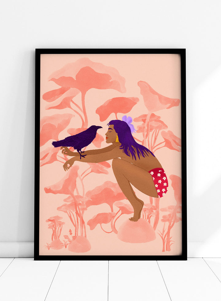 Illustration of a woman with a bird on a pink floral background. Raven by Jota de Jai is a modern pink wall art print of a woman with a purple raven, available as a premium fine art poster with optional wood framing.