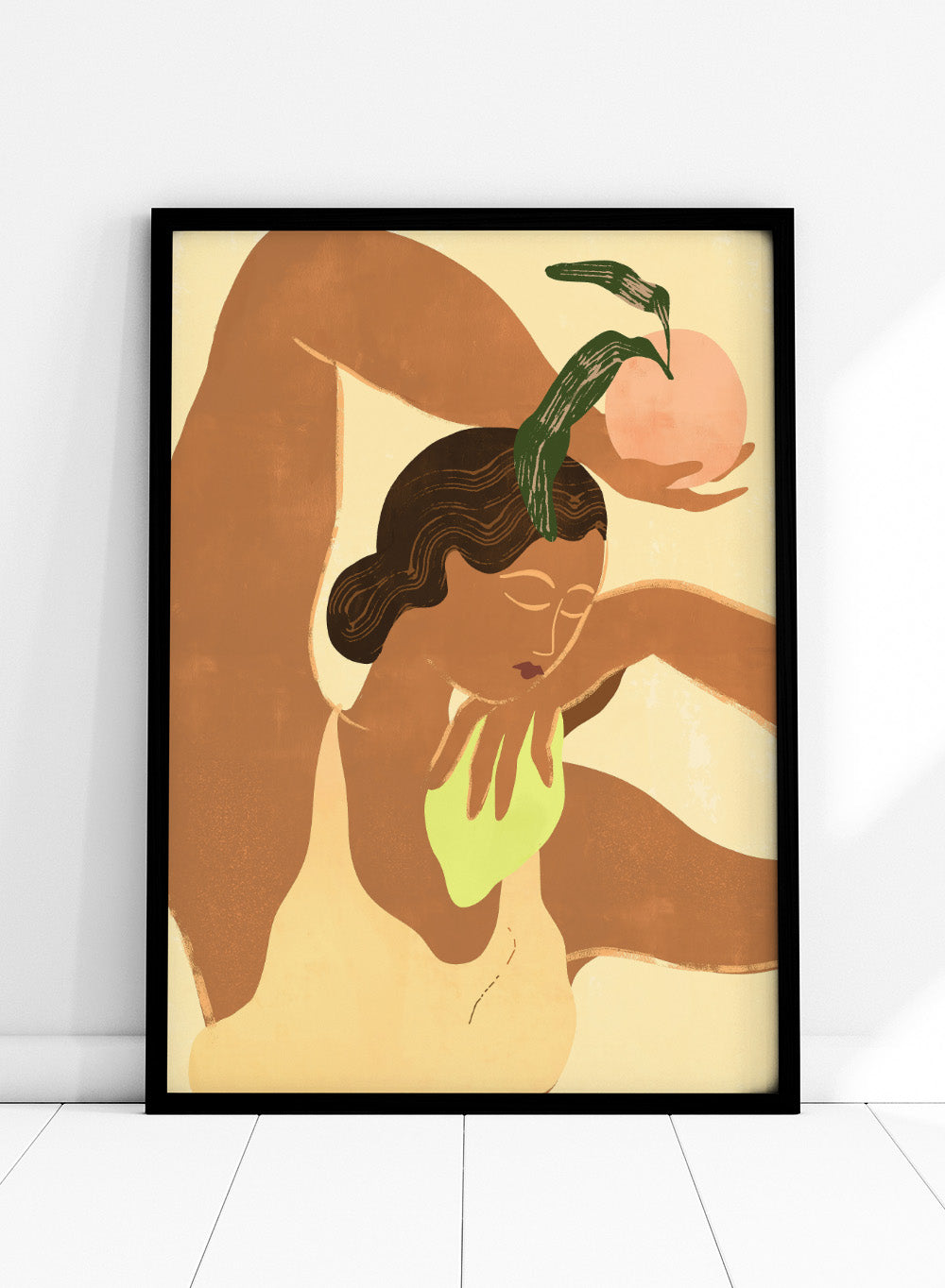 Artistic depiction of a woman with abstract elements on a beige background. Lemon Apple by Arty Guava art print, modern woman and fruit illustration, contemporary aesthetic wall poster in warm yellow and soft green tones.