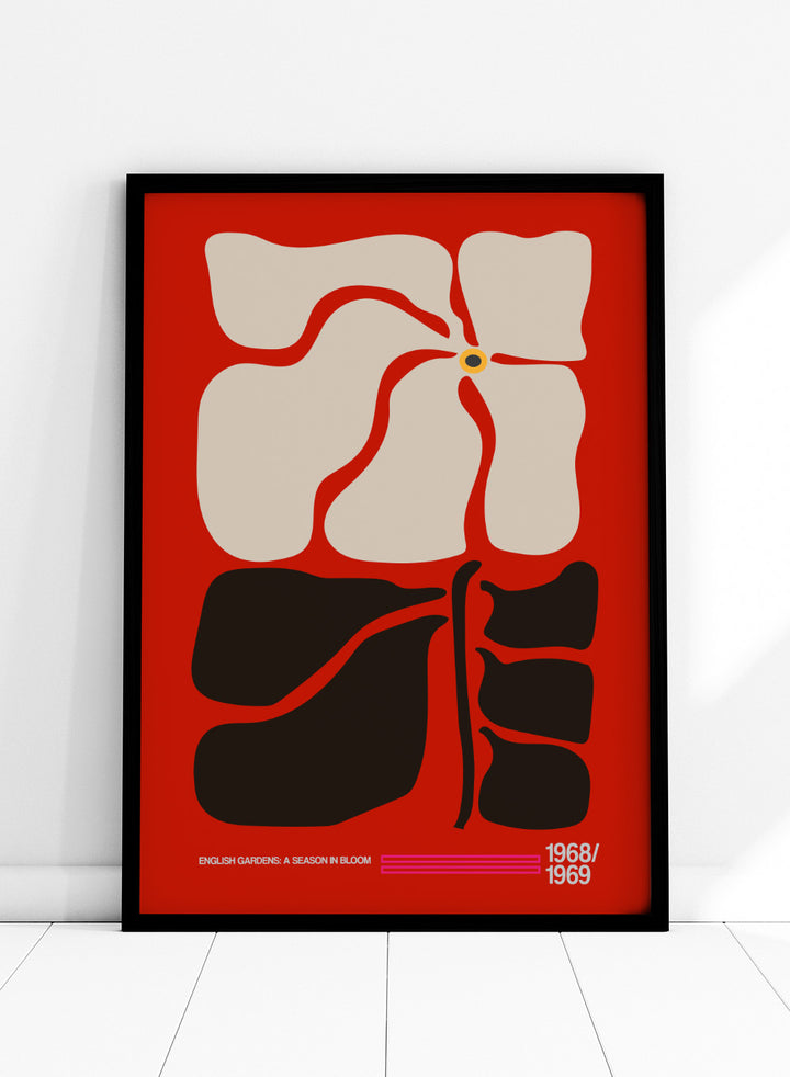 Abstract design with geometric shapes on a red background, featuring text at the bottom. English Gardens Red by Frances Collett features a bold illustrated flower with dark leaves on a red background. Officially licensed floral wall art print with optional framing.