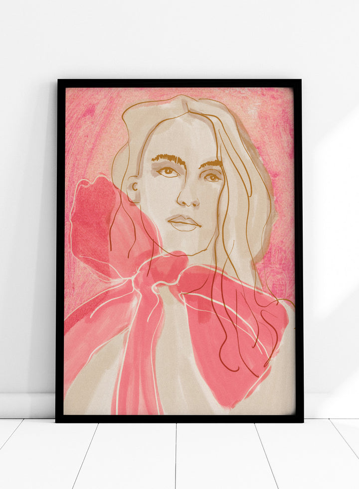Artistic illustration of a woman with a pink bow tie on a pink background. Ethereal Red by Beate Tubach is a modern portrait art print featuring expressive linework and flowing red tones. A contemporary figurative wall poster.