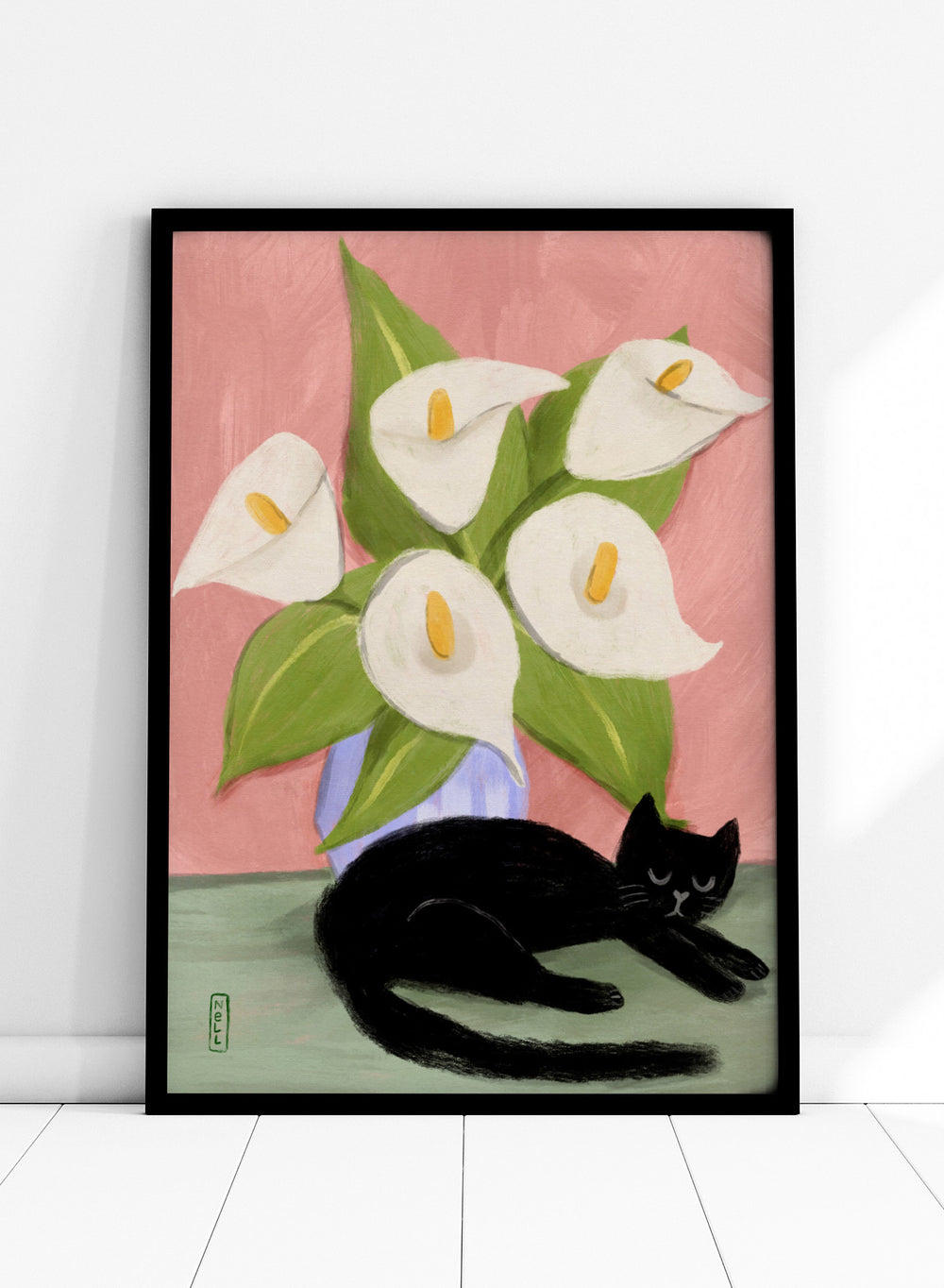 calla lily plant and cats Dirkie Nell - Lilies In a Vase and a Black Cat