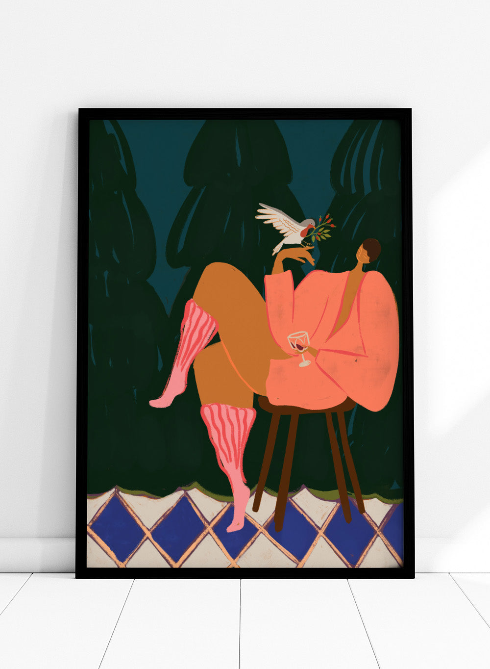 Illustration of a person in a pink dress sitting on a stool with a glass of wine, holding a dove with an olive branch. A Lil Birdy Told Me by Arty Guava is a modern woman art print with a bird, pink robe, and bold color. Officially licensed wall poster.