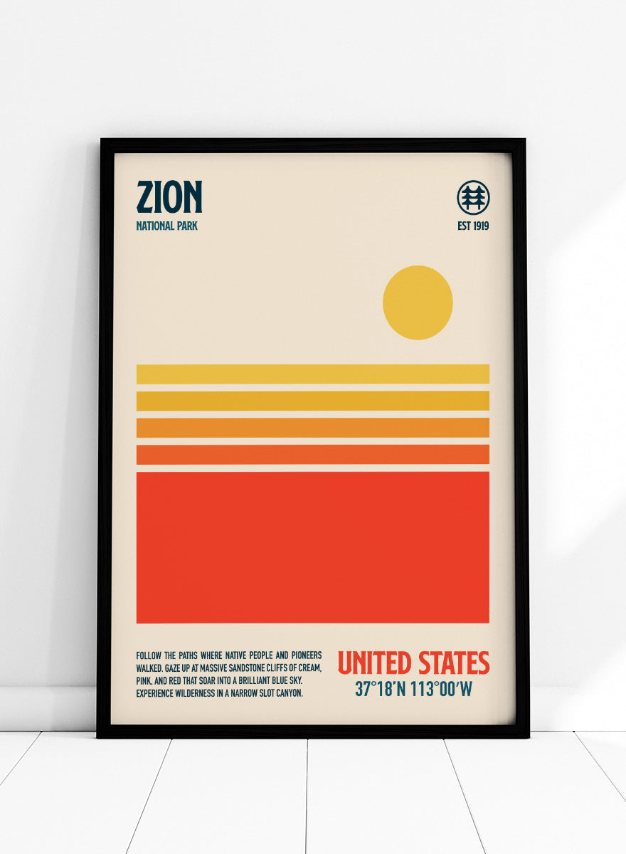 A minimalist Zion National Park poster with a cream background, dark blue text, a yellow sun, and horizontal stripes in cream, orange, and red. The bottom right reads 'UNITED STATES' with coordinates below. Retro Zion Desert Sun by Retrodrome travel art print inspired by Zion National Park, with warm desert stripes, a bold sun, and retro Southwest color.