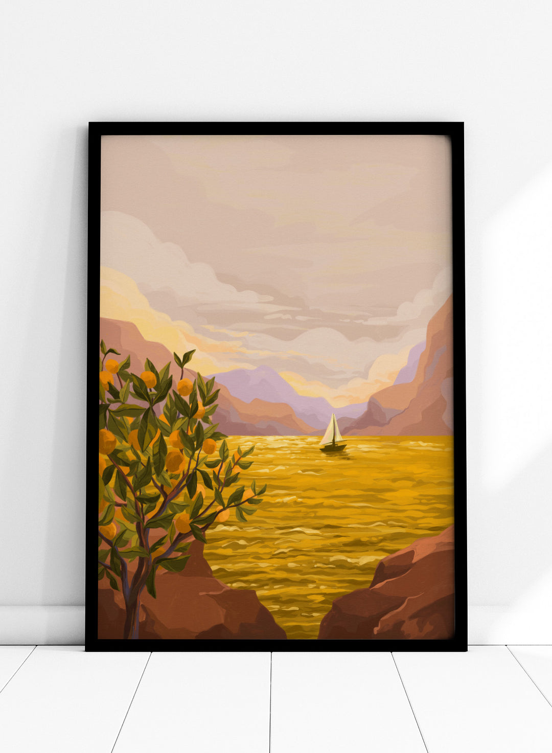 Sailing boat on a yellow sea with mountains and lemon tree in the foreground. Golden Sunset by Goed Blauw is a coastal art print and wall poster featuring a sailboat on a glowing ocean with cliffs and an orange tree.