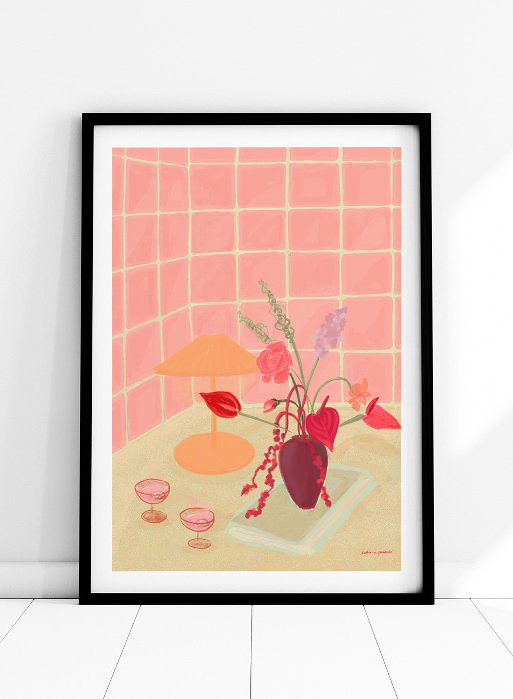 Illustration of a table with a vase of flowers, two glasses, and an orange lamp against a pink tiled wall. Bubbly by Katharina Puritscher art print featuring pink tiled walls, floral still life, coupe glasses, and a cozy tabletop scene. Officially licensed wall poster.