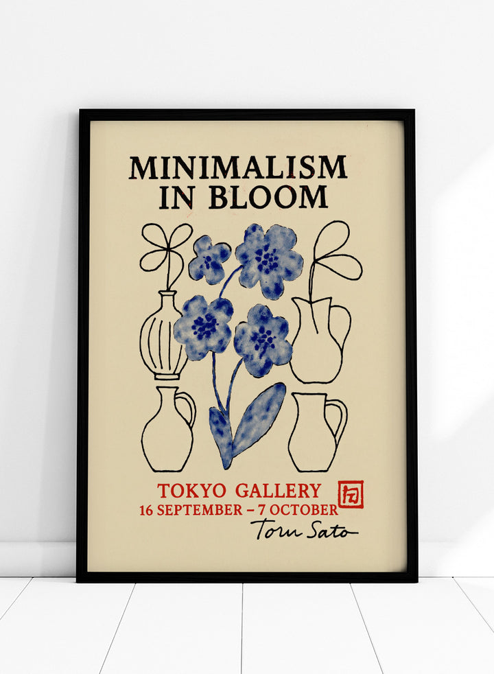 Blooming Simplicity by Treechild botanical gallery poster featuring blue flowers, hand-drawn vases, bold typography, and vintage exhibition styling.