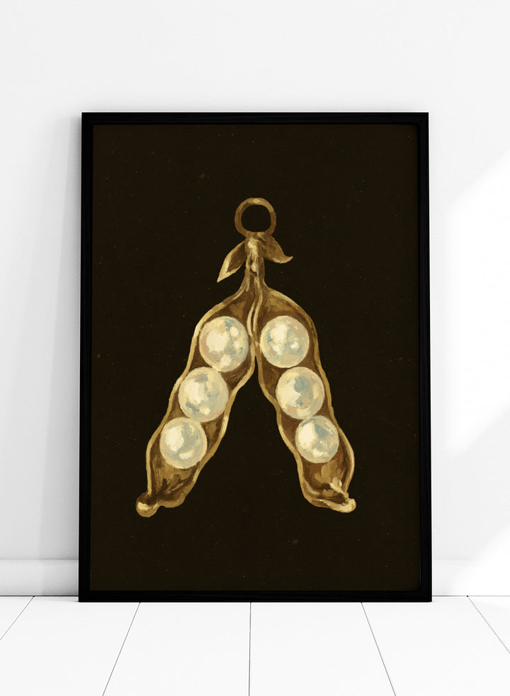 Shop Golden Pea Pod Pearls Ornament by NKTN, a whimsical Christmas wall art print poster featuring golden pea pods, pearl-like peas, and vintage ornament style.
