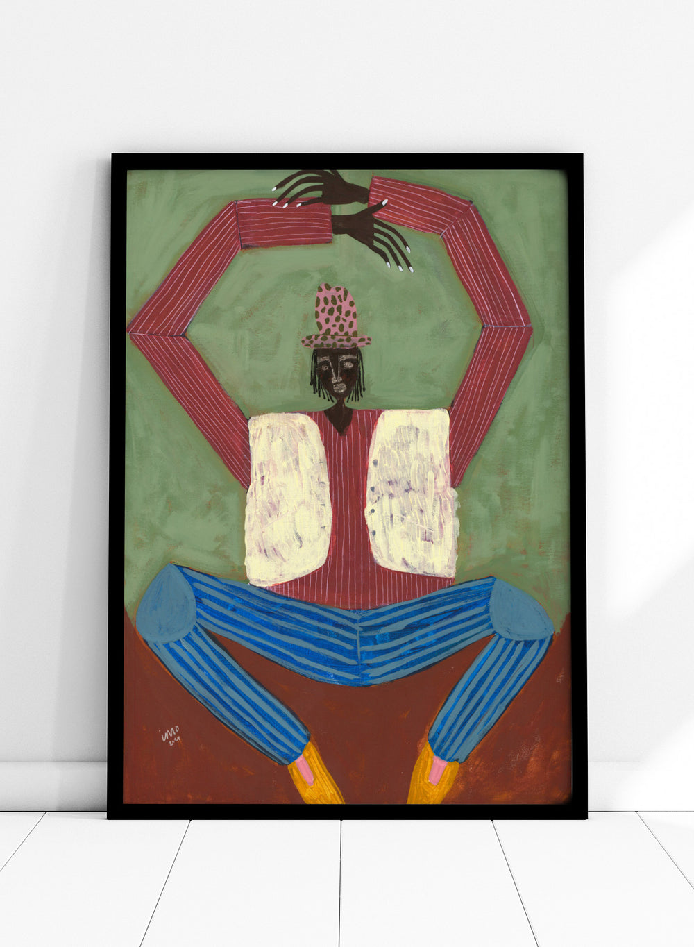 Artistic depiction of a figure with red shirt, blue pants, and yellow shoes on a green background. Open Up by Studio IMO (Ibi Meier-Oruitemeka) is a modern figurative art print featuring a seated figure with bold color and contemporary portrait poster design.