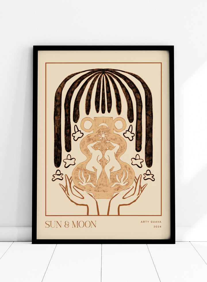 Artistic illustration of hands holding a symbol with 'Sun & Moon' text on a beige background. Vessel Collection: Sun & Moon by Arty Guava art print, modern vase wall poster with moon symbolism, contemporary minimalist line artwork.