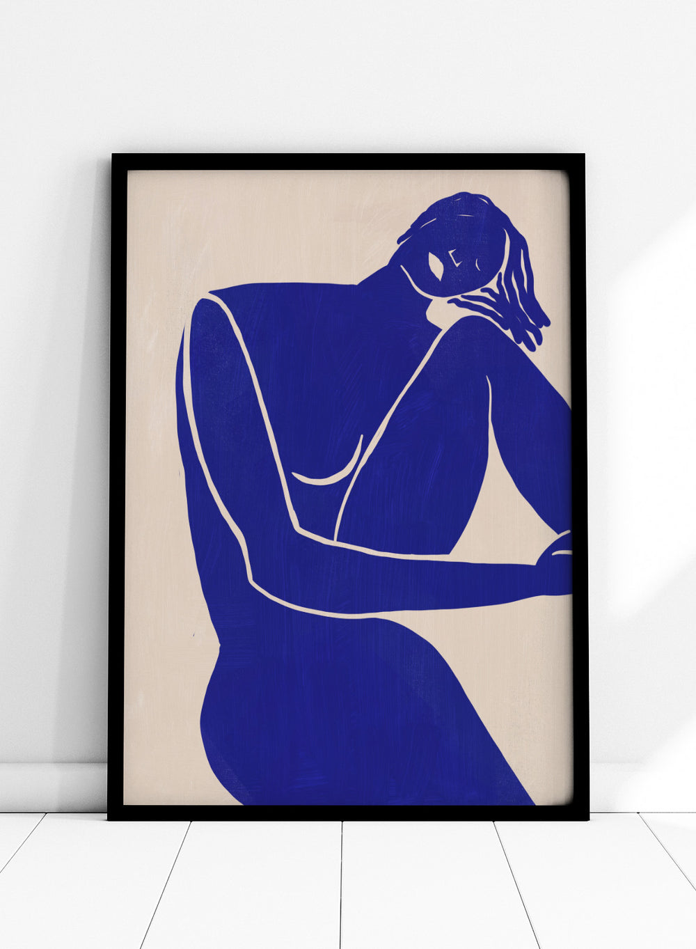 Blue line art of a woman figure on a beige background. Minimalist Blue Silhouette Figure by Little Dean modern abstract figure art print featuring bold blue female silhouette, contemporary minimalist wall art poster.