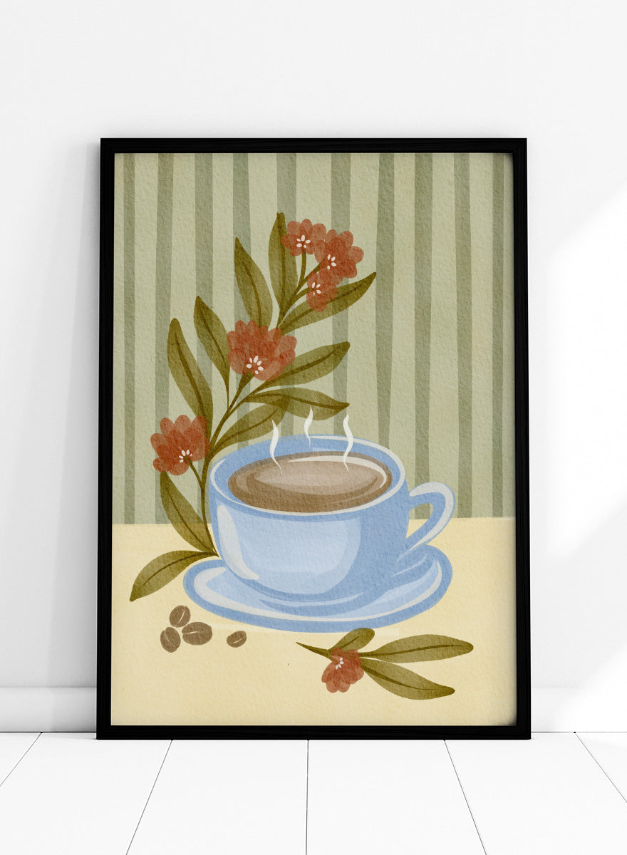 Shop Steaming Coffee Bloom by Nikita Jariwala, a kitchen wall art print poster featuring a blue coffee cup, floral still life, coffee beans, and blue tones.