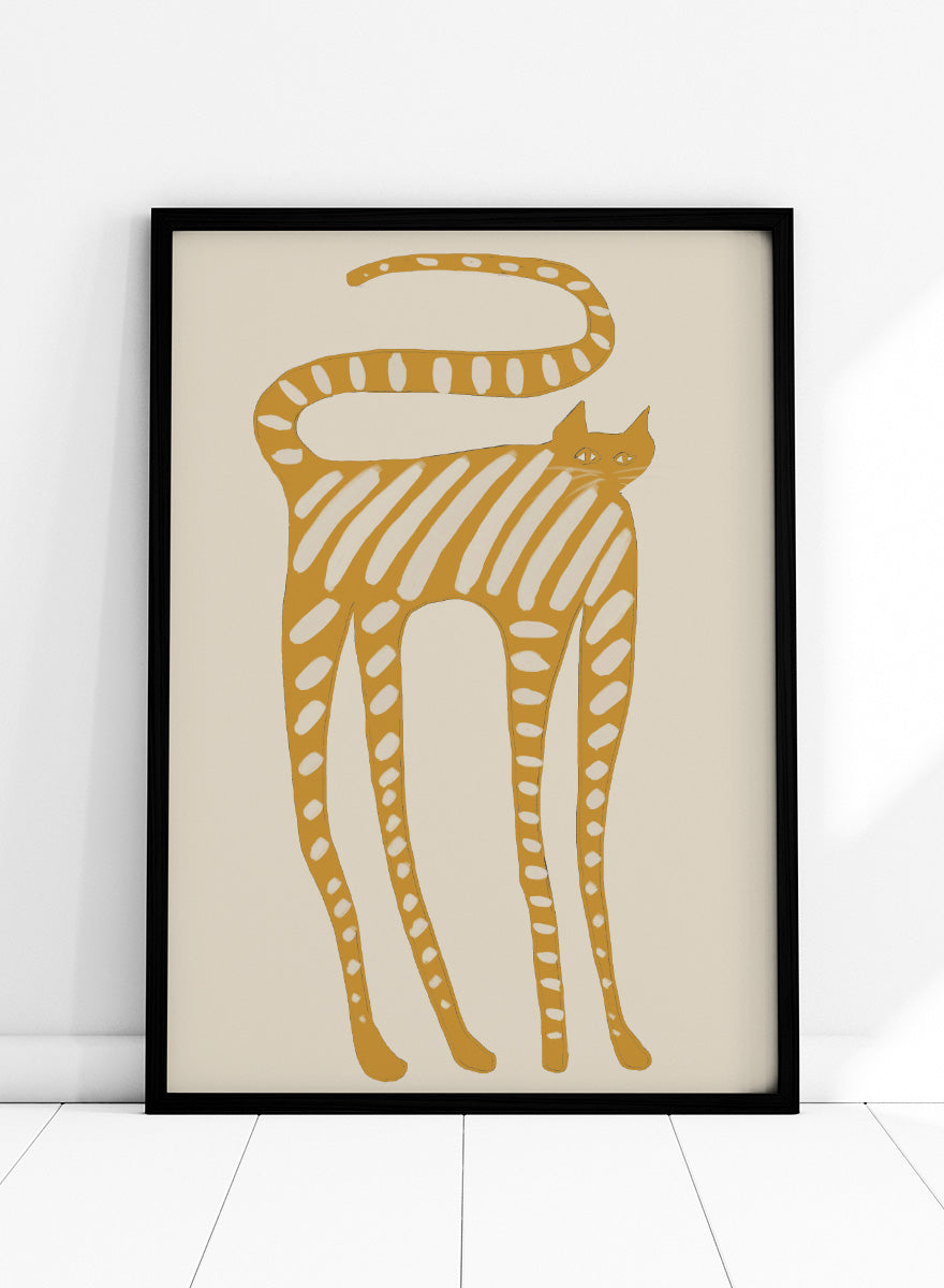 A stylized art print of a cat in a minimalist design, featuring a mustard yellow cat with white stripes and spots on a light beige background. Whimsical Striped Cat by The Art Concept cat art print featuring a mustard-yellow cat with cream stripes, long legs, and an oversized looping tail.