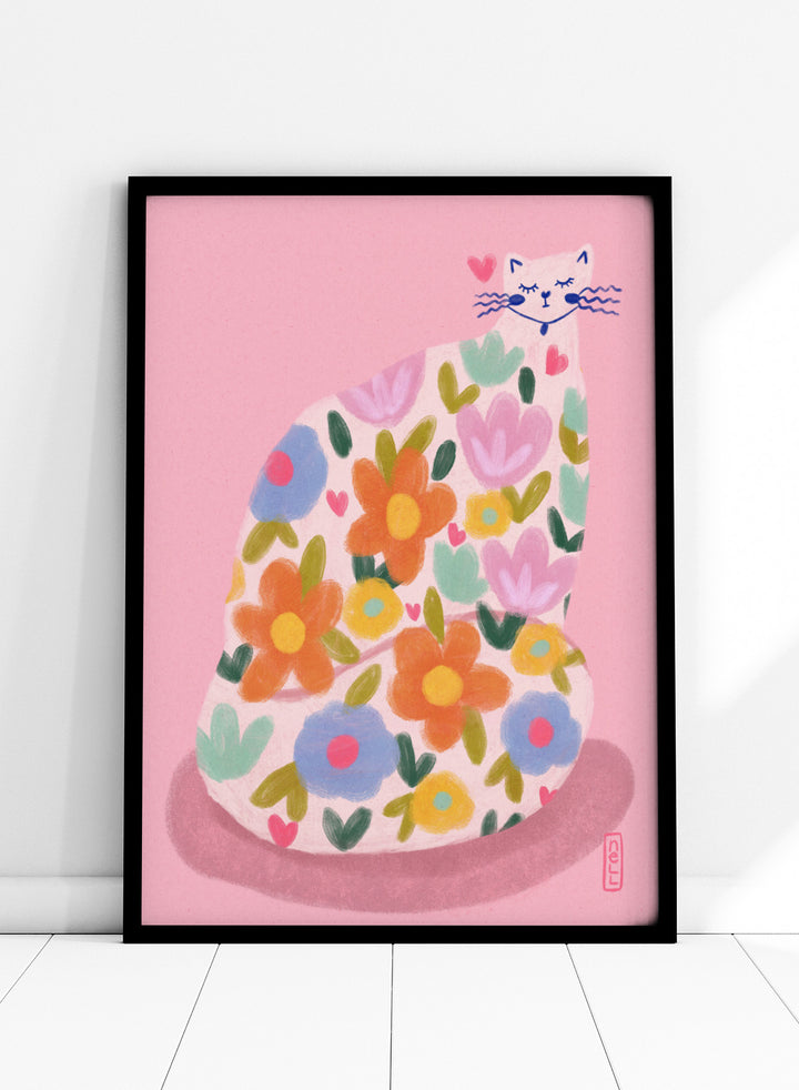 Whimsical Flower Cat by Dirkie Nell is a colorful cat art print featuring playful floral patterns, pastel tones, and modern hand painted aesthetic wall art.