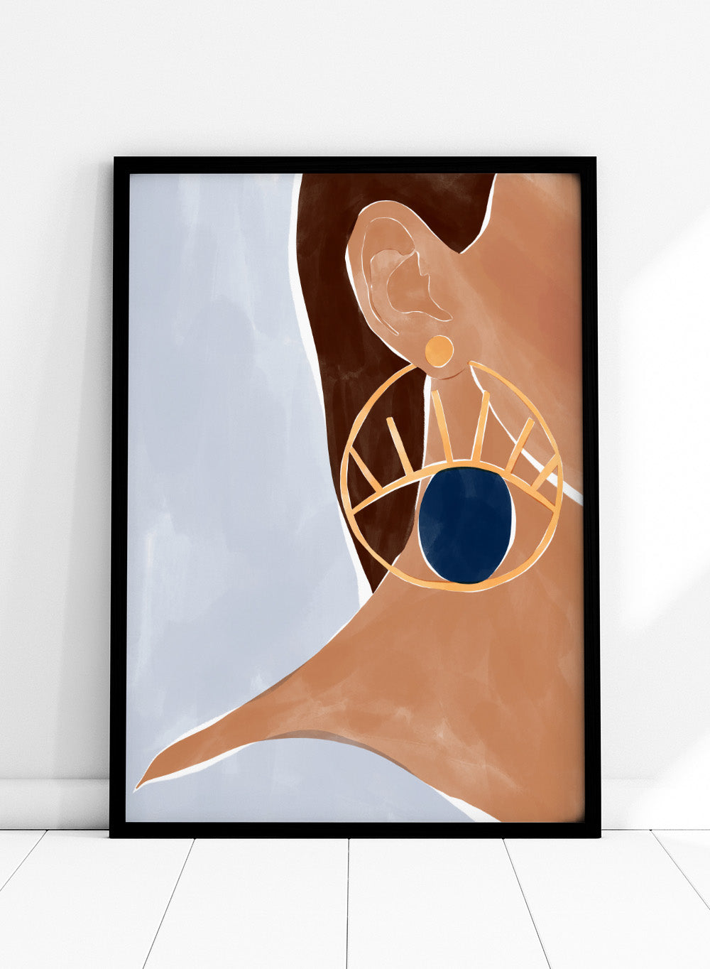 Evil Eye Earring by Ivy Green is a modern illustration art print featuring a bold evil eye earring and minimalist portrait style. Premium fine art print with optional wood framing.