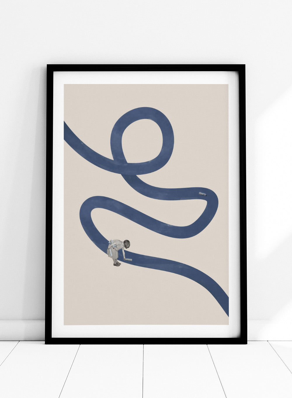 River Cleanse by Maarten Léon collage art print featuring a winding blue river and small figure cleansing the water. Premium fine art print with real wood framing.