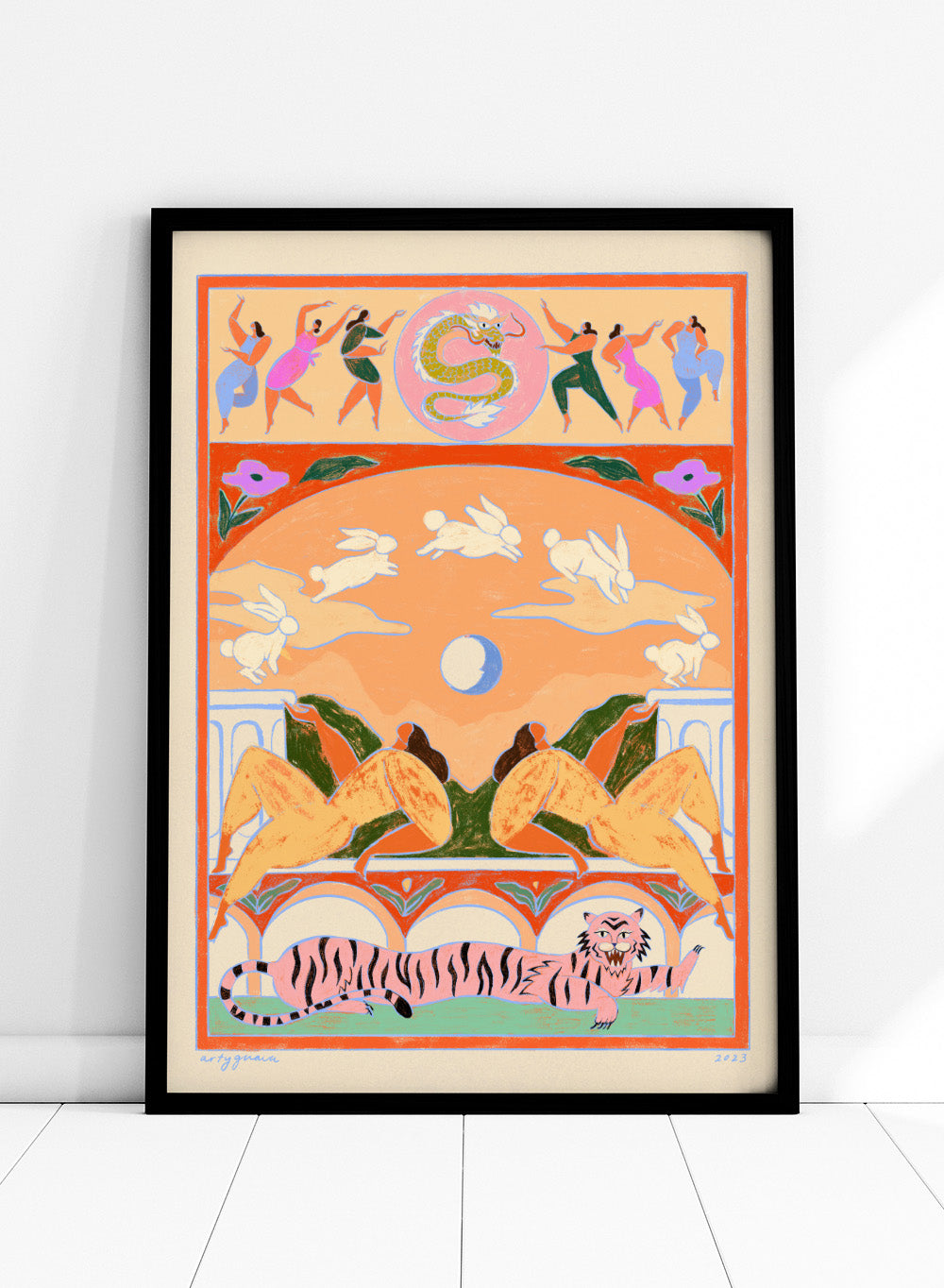 Decorative artwork with animals and people in a stylized setting. Rabbit Jumps Over the Moon by Arty Guava is a surreal art print with rabbits, dancers, and a tiger in bold color. Officially licensed wall poster.