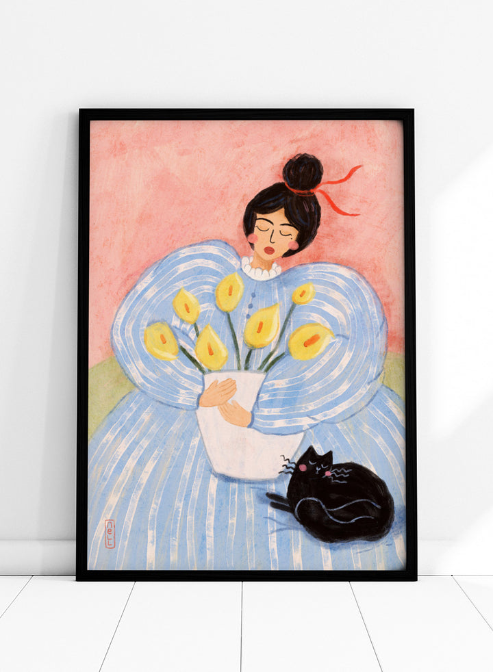 A stylized painting of a woman in a voluminous light blue dress holding a white vase with yellow flowers, with a black cat at her side against a pink background. Woman With Flowers And Cat by Dirkie Nell is a colorful portrait and floral art print featuring a woman, yellow flowers, blue dress, and black cat.